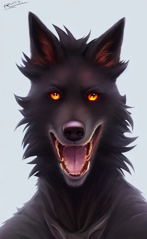 Image similar to character concept art of a black anthropomorphic male furry wolf long red hair | | cute - fine - face, pretty face, key visual, realistic shaded perfect face, fine details by stanley artgerm lau, wlop, rossdraws, james jean, andrei riabovitchev, marc simonetti, and sakimichan, trending on artstation