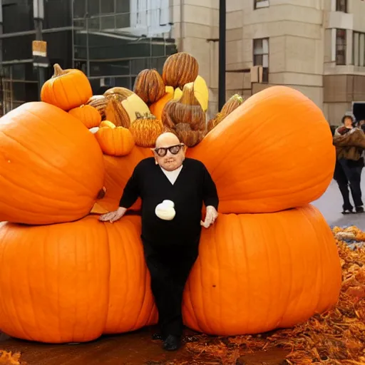 Prompt: photograph of danny devito wearing pumpkin costume, full - body pumpkin costume, 4 k