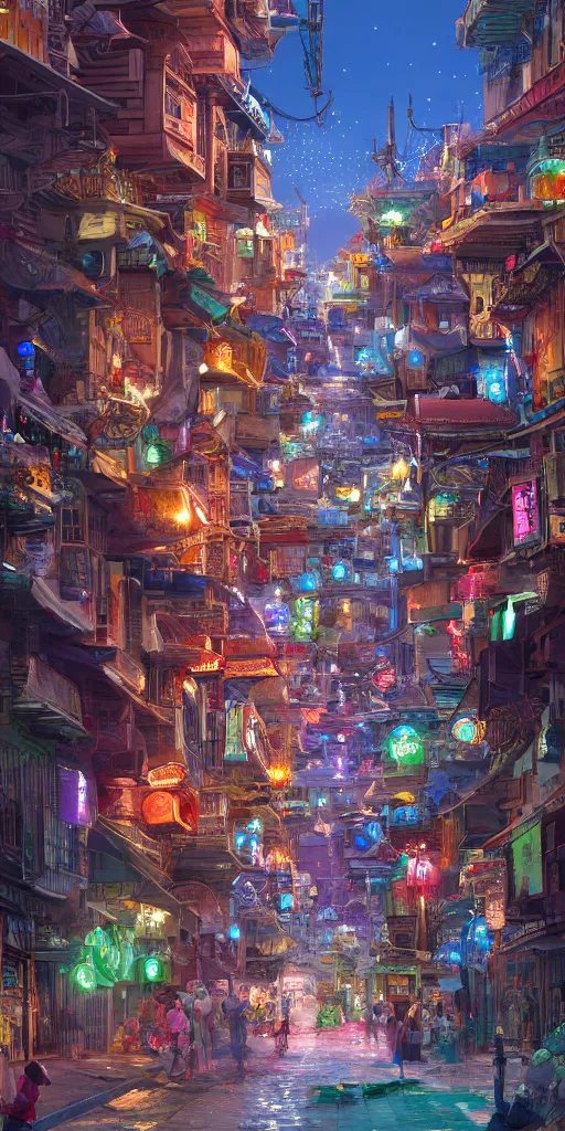 Prompt: Street view of a magical eastern civilization at day, built around ocean, full with people, a lot of lights, huge architectures. Trending on artstation