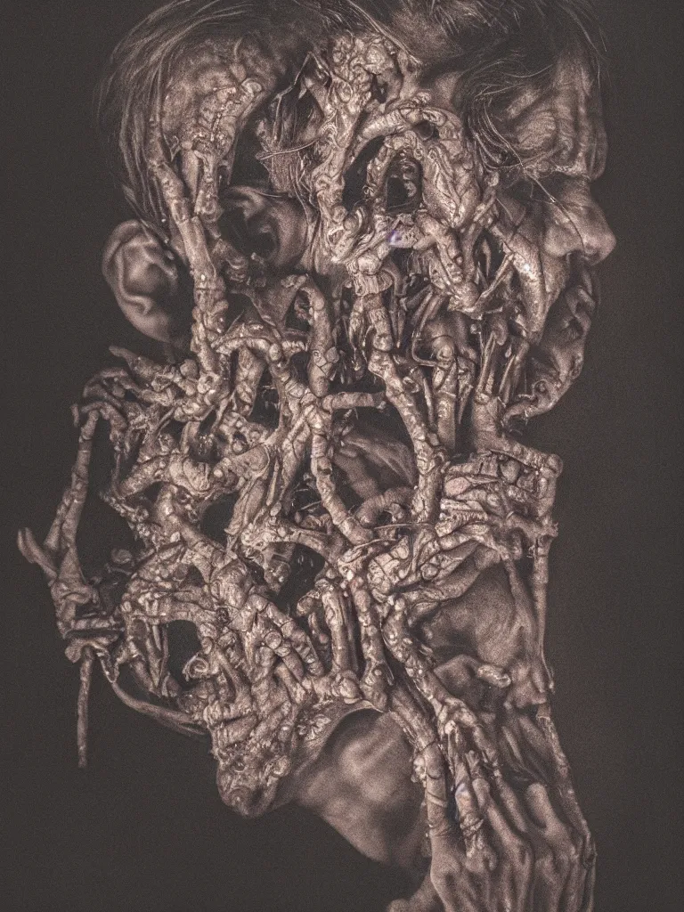 Prompt: detailed analog medium format scene by david cronenberg, polaroid portrait of deformed person, bodyhorror, rim light, intricate details, 8 k resolution, hyperrealistic, hdr, photorealistic, high definition, tehnicolor, award - winning photography, masterpiece, amazing colors,