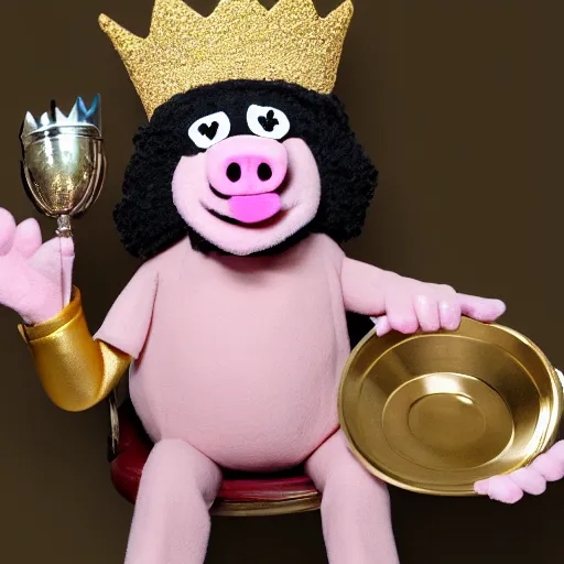 Image similar to pig hiker wearing a gold crown as a Muppet holding a silver platter 8k