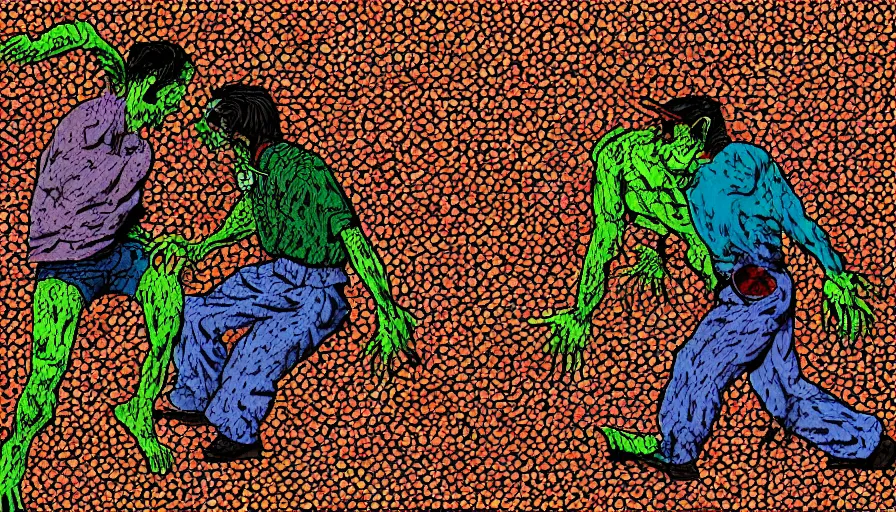 Image similar to a man clothed in carpeting fighting a zombie, digital art, highly detailed, realistic, bright colors, 8 k