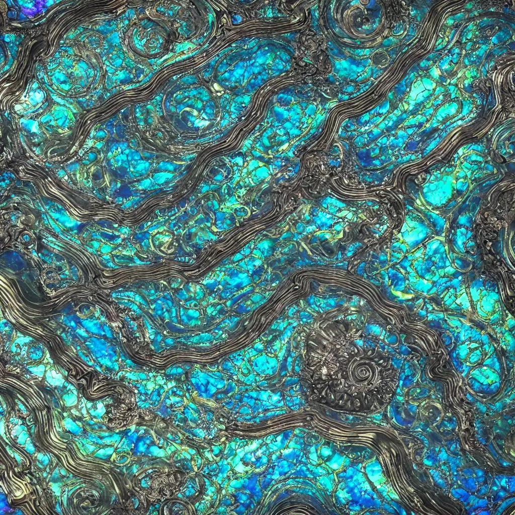 Prompt: Art Nouveau cresting oil slick waves, hyperdetailed bubbles in a shiny iridescent oil slick wave, black opal, abalone, paua shell, ornate copper patina medieval ornament, rococo, oganic rippling spirals, octane render, 8k 3D