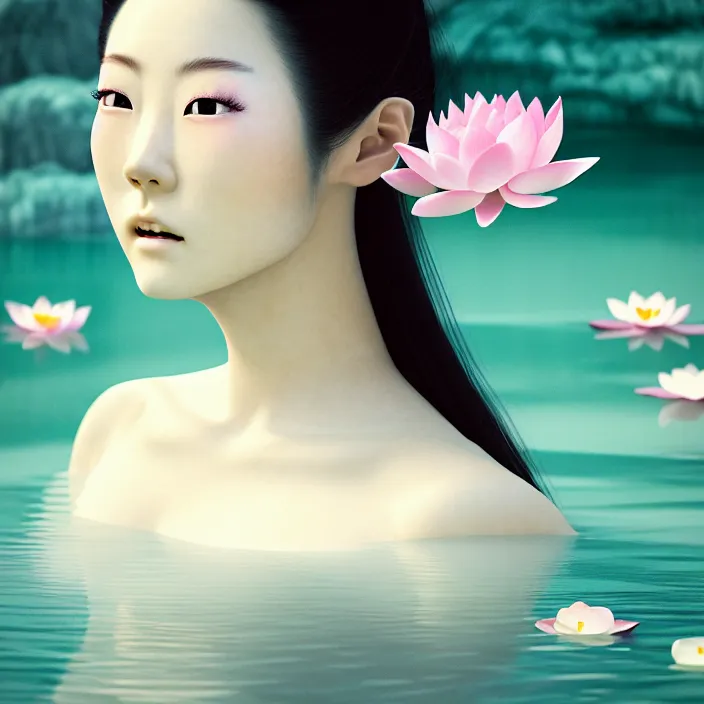 Image similar to Kodak Portra 400, 8K, soft light, volumetric lighting, highly detailed, Rena Nounen style 3/4 ,portrait photo of a Japanese ravishing Goddess how WLOP painter, the face emerges from the water of Pamukkale with lotus flowers, inspired by Ophelia paint , a beautiful chic dress and hair are intricate with highly detailed realistic beautiful flowers , Realistic, Refined, Highly Detailed, ethereal lighting colors scheme, outdoor fine art photography, Hyper realistic, photo realistic