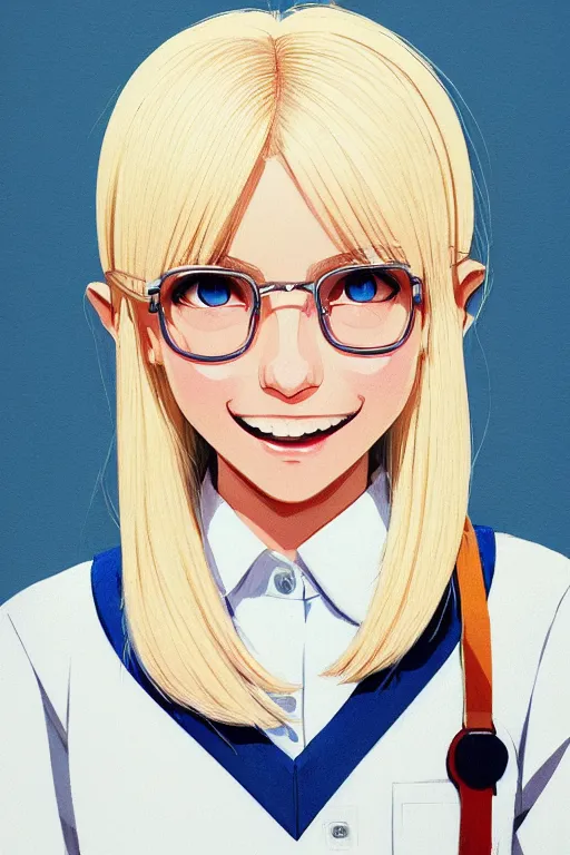 Image similar to a headshot of a very happy cute girl with shoulder - length white hair wearing school uniform, sharp focus, illustration, morandi color scheme, art station, high detailed, by ilya kuvshinov