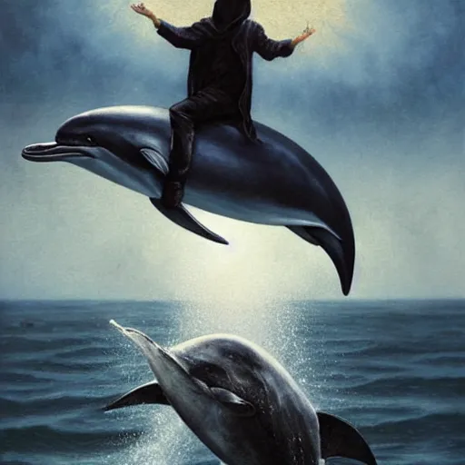 Prompt: a hyper realistic painting of the grim reaper sitting on of a dolphin jumping over a rainbow, by greg rutkowski and santiago caruso,