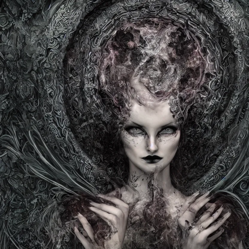Image similar to stunning otherworldly Gothic goddess of beauty swarming in psychedelic Wicca, dark and mysterious, atmospheric, ominous, eerie, cinematic, Epic, 8k, 4k, ultra detail, ultra realistic, rendered by awesomeness