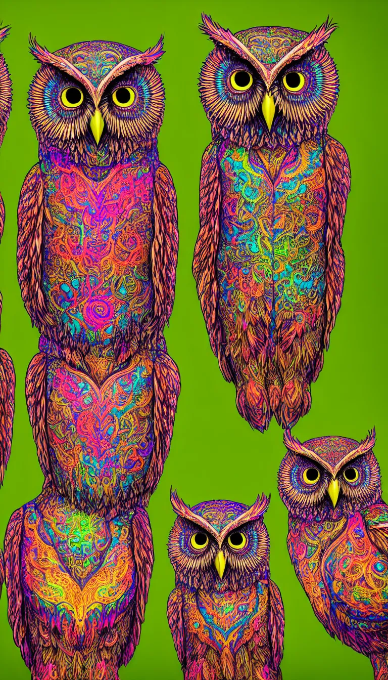 Prompt: highly detailed photo of three psychedelic owl talking to each other while sitting on tree, hyper realistic, concept art, 8 k detail post - processing