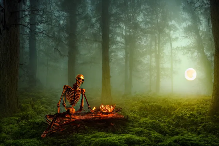 Image similar to a burning human skeleton sitting in foggy forest behind computer at moonlight night, overgrown with moss, light, dark atmosphere, dark fantasy, highly detailed