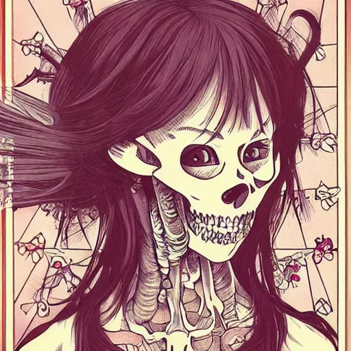 Prompt: manga skull portrait girl female skeleton realism hyperrealistic art Geof Darrow and will cotton alphonse mucha pop art kawaii