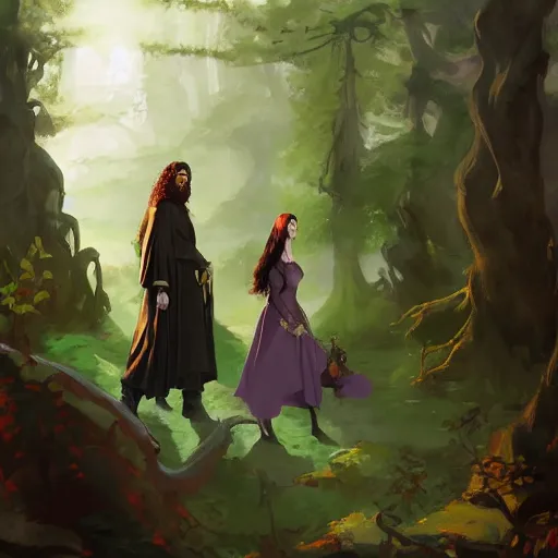 Image similar to hagrid the viking and gothic medieval morticia addams walking in enchanted forest in a sunny day, jodhpurs greg manchess painting by sargent and leyendecker, studio ghibli fantasy medium shot asymmetrical intricate elegant matte painting illustration hearthstone, by greg rutkowski by greg tocchini by james gilleard