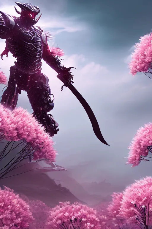 Prompt: illustration cinematic cyborg dragon holding katana in a field of pale pink flowers, highly detailed smooth digital art masterpiece, vitaly bulgarov dramatic light, ground angle uhd 8 k, sharp focus