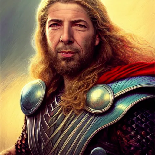 Prompt: glorious full head portrait of Leonard Cohen as thor, fantasy, intricate, elegant, digital painting, trending on artstation, concept art, sharp focus, illustration by Gaston Bussiere and artgerm, 4k.