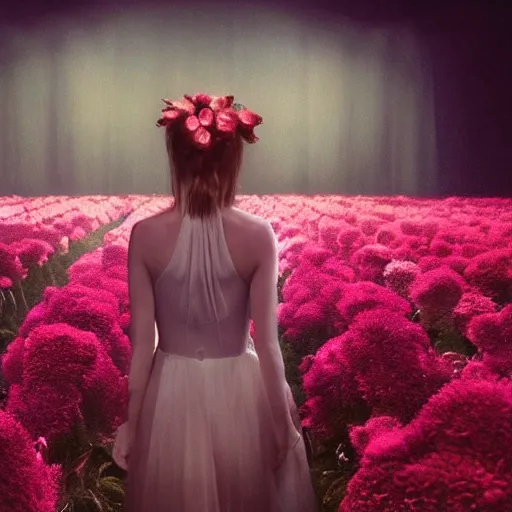 Image similar to movie still of the girl with the flowers head, cinematic composition, cinematic light, dream effect, dream atmosphere, by edgar wright and david lynch,