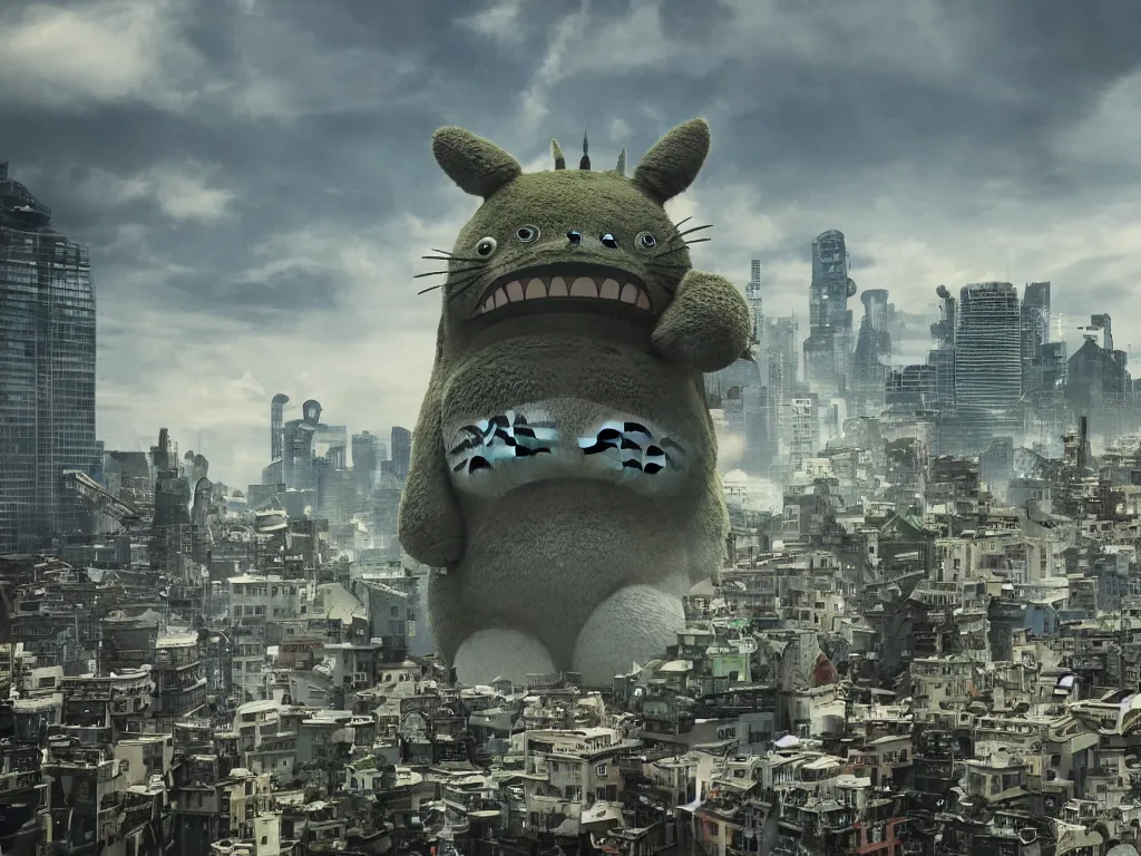 Image similar to Giant Totoro Kaiju towering over a city as people run away, photo realistic, movie still, 4k, 8k, action film