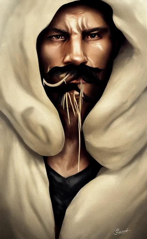 Prompt: a cowboy with a black mustache, wearing a white hood, with wheat in his mouth, dynamic lighting, fantasy concept art, trending on art station, stunning visuals, creative, cinematic, ultra detailed