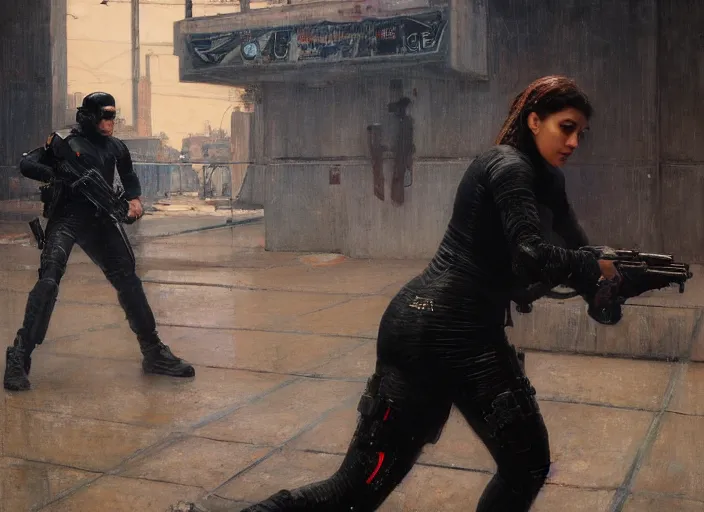 Image similar to Maria evades sgt Nash. Cyberpunk hacker in jumpsuit escaping menacing police troopers (blade runner 2049). beautiful face. flip. Iranian orientalist portrait by john william waterhouse and Edwin Longsden Long and Theodore Ralli and Nasreddine Dinet, oil on canvas. Cinematic, hyper realism, realistic proportions, dramatic lighting, high detail 4k