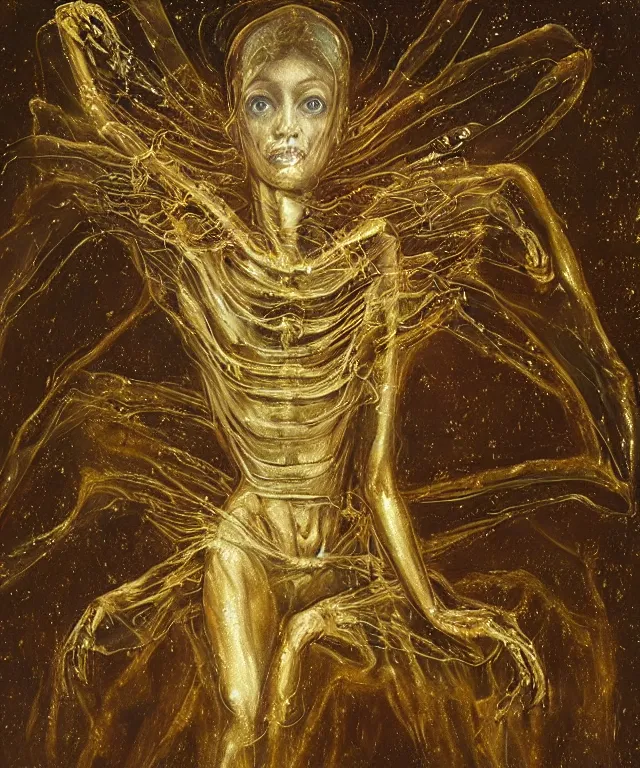 Image similar to Beautiful full-body wax sculpture of a glowing transparent insect with a woman face with visible gold bones covered with melted white wax inside the singularity where stars becoming baroque folds of dark matter of Samsara by Michelangelo da Caravaggio, Nicola Samori, William Blake, Alex Grey and Beksinski, dramatic volumetric lighting, highly detailed oil painting, the golden ratio intial composition, 8k, masterpiece