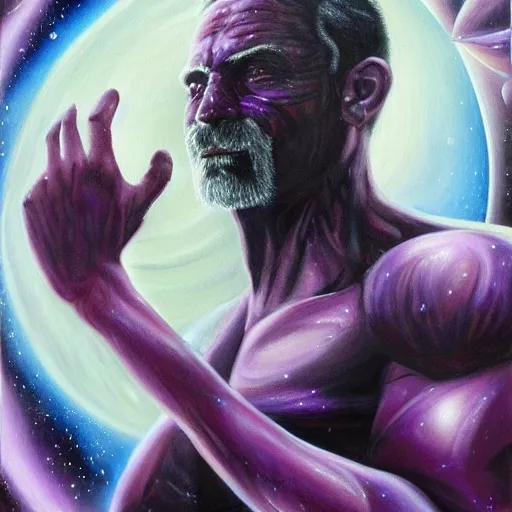 Prompt: detailed realistic painting of a man with well defined muscles made of purple space dust wielding a dark purple cosmic orb in each hand, planetary rings orbit his wrists and he has long flowing purple hair obscuring his face made of deep purple stardust, bright white lens flare peeking through his hair where his eye would be, staring at viewer