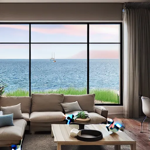 Image similar to modern interior home design, living room with window facing the sea and sun, photorealistic, ultra-detailed, HDR, high resolution