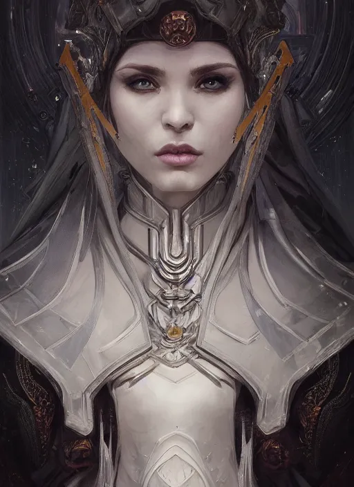 Image similar to portrait of beautiful pale gothic sister of battle, white hairs, warhammer 4 0 0 0 0, cyberpunk, intricate, elegant, highly detailed, digital painting, artstation, concept art, smooth, sharp focus, illustration, art by nikolai fechine and artgerm and greg rutkowski and alphonse mucha and gustav klimt