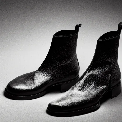 Prompt: an award - winning editorial photo of medieval designer menswear leather boots designed by alexander mcqueen, 4 k, studio lighting, wide angle lens