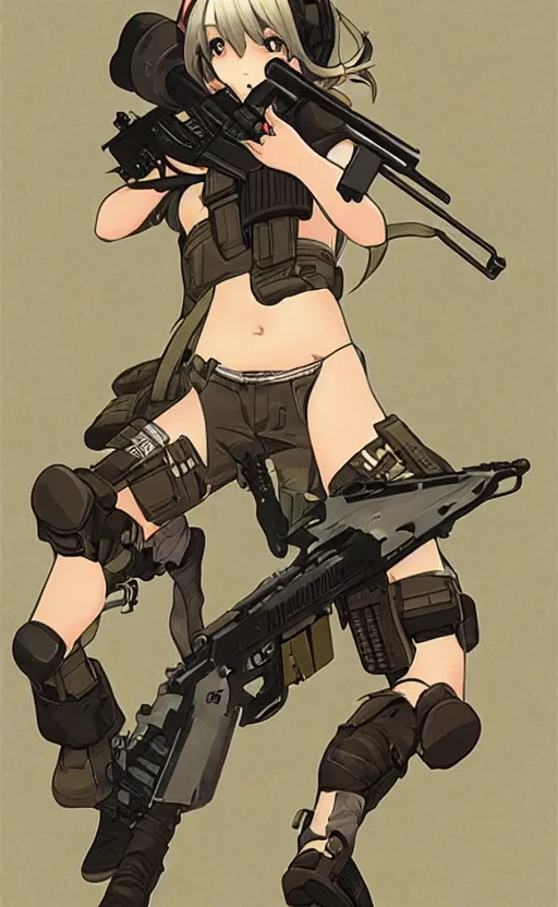Prompt: girl, trading card art, gun, girls frontline, matte, 150mm, illustration, artstation, by akio watanabe, metal gear visuals