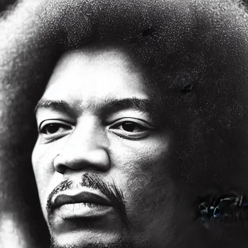 Prompt: “Jimmy Hendrix looking pensive with little smurfs popping out of his Afro. Highly detailed portrait. Shallow Focus. 8k”