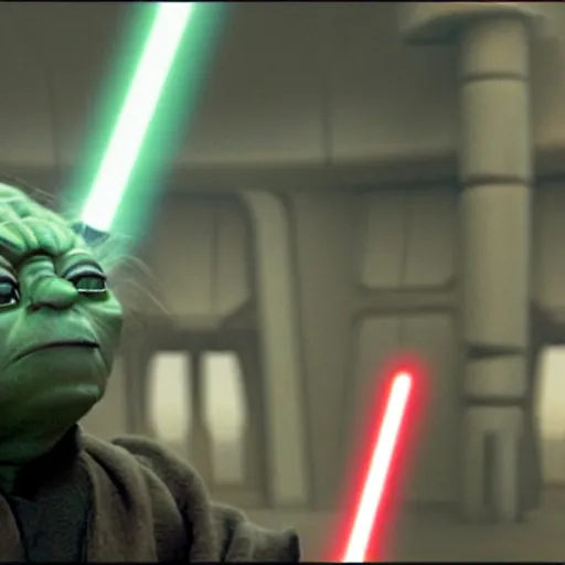 Image similar to A film still of Yoda as a sith lord realistic,detailed