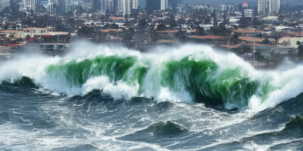 Image similar to tsunami over San Diego, Dramatic, realistic, perspective,