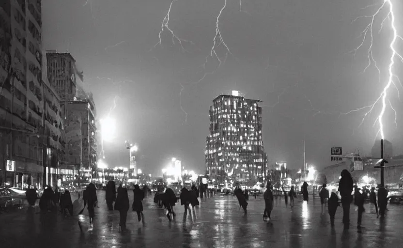 Prompt: 70s movie still of a soviet street with pedestrians with soviet high rise in the backround , Cinestill 800t 18mm beuatiful black and white, heavy grainy picture, very detailed, high quality, 4k panoramic, dramatic lightning, neon billboards and streetlight at night, rain, mud, foggy, big sculpture of Lenin on a square