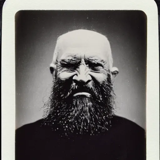 Image similar to a realistic polaroid photo of an old man with a beard after a failed experiment inside a laboratory, the head of the old man is deformed and dark, the old man looks like a evil god, cosmic horror