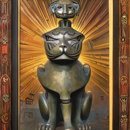 Prompt: sculpture of an ornate robot cat, by annie swynnerton and diego rivera and nicholas roerich and jean delville, symbolist, dramatic lighting, god rays, art brut, rich colors, smooth, sharp focus, extremely detailed, adolf wolfli, by janet fish and ( donato giancola and bilibin )