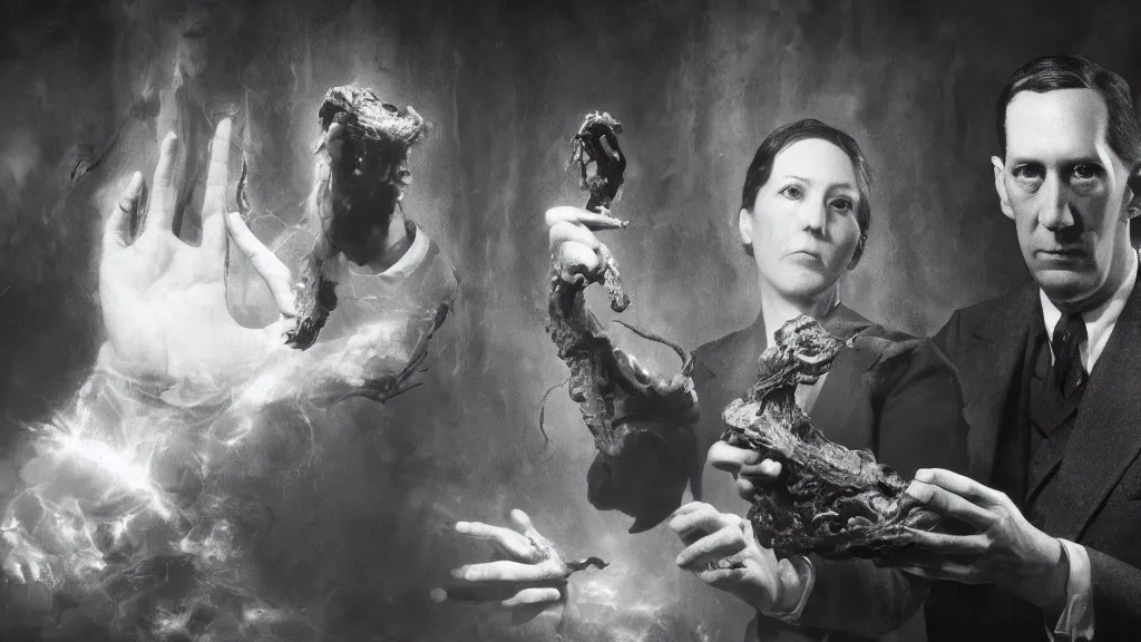 Prompt: Howard Phillips Lovecraft with a eldritch being in her hand. Surrealism, 8K, concept art, filmic, HDR, hyperrealism, volumetric lighting