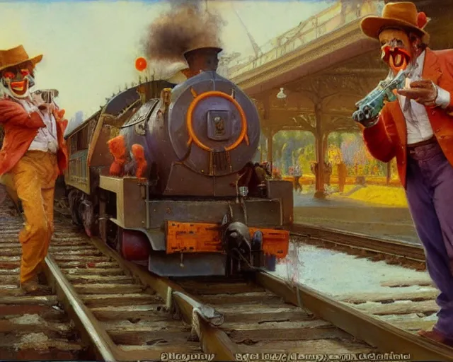 Prompt: clowns robbing a train using water guns, highly detailed painting by gaston bussiere, craig mullins, j. c. leyendecker 8 k