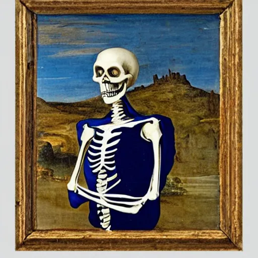 Image similar to smiling skeleton wearing blue puffy jacket, renaissance painting