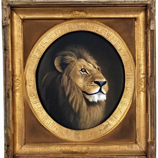 Image similar to lion with red spots above eyes, portrait, 1 9 th century painting