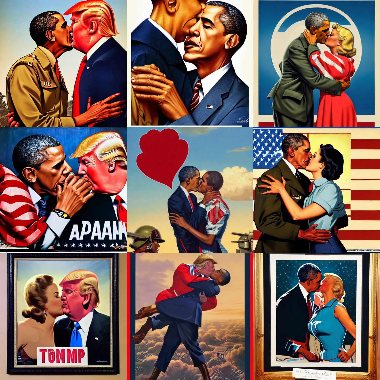 Prompt: a wwii us propaganda portrait of barack obama kissing donald trump by elvgren and dan mumford