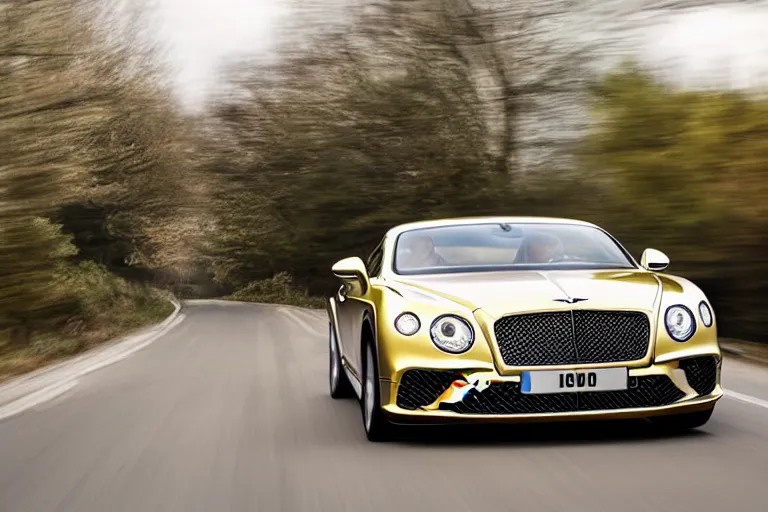 Prompt: Bentley Continental GT in shiny gold film drives along old Russian village road with houses houses around the edges