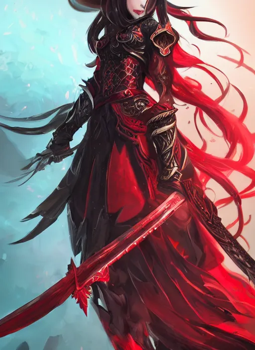 Prompt: a highly detailed illustration of elegant hime cut long black haired woman wearing red and black battle dress, heroically wielding black blade pose, with red magic surrounding her, intricate, elegant, highly detailed, centered, digital painting, artstation, concept art, smooth, sharp focus, league of legends concept art, WLOP