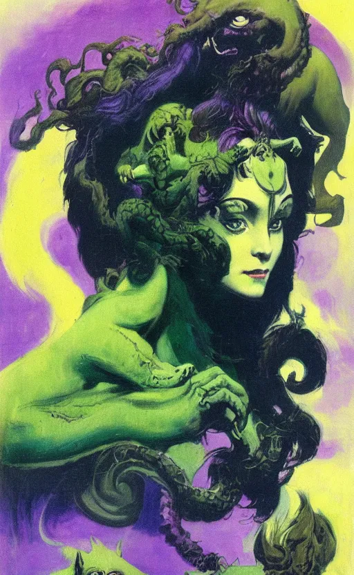 Prompt: portrait of princess of the dreamlands and moon beast, by frank frazetta, vibrant colors, yellow purple green, minimalist