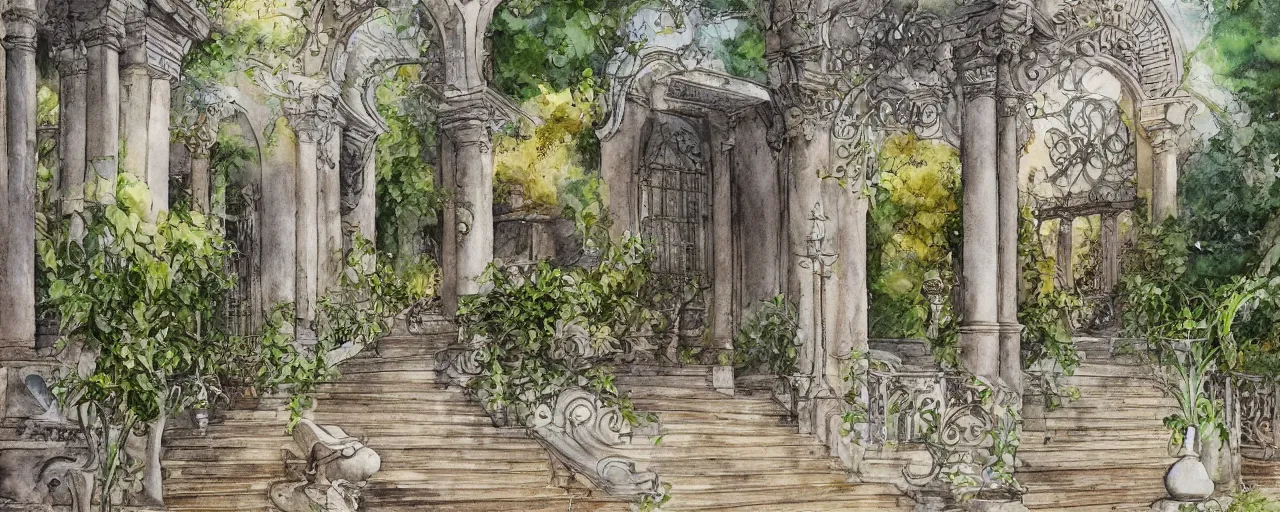 Prompt: courtyard walkway, fountain, castle, stairway, chairs, wrought iron, gate, botanic garden, botanical herbarium paper, watercolor colored painting, iridescent colors, 8 k, realistic shaded, fine, artstation, italian style, colonnade ornate headdress, craving, carved, draped yellow hybiscus, flowing robes, intricate insanely detailed