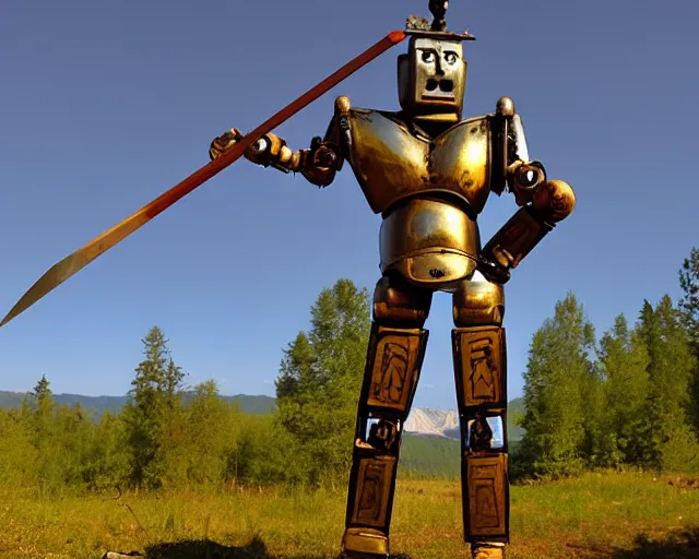 Image similar to ancient greek robot warrior standing in front of altai forest with a sword, detailed art in the style of middle ages