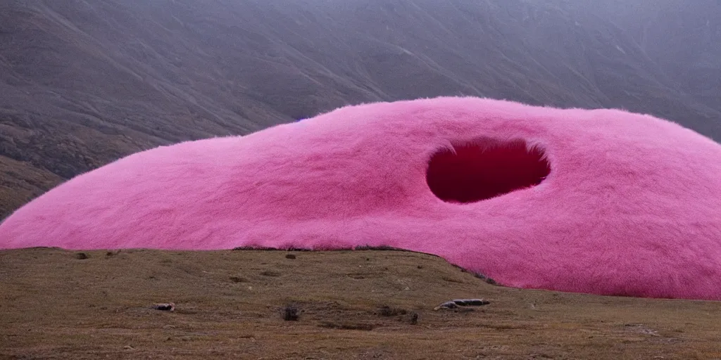 Image similar to a strange huge translucent pvc inflated organic architecture building with pink fluffy fur inside by anish kapoor sits in the rock mountains, film still from the movie directed by denis villeneuve with art direction by zdzisław beksinski, close up, telephoto lens, shallow depth of field