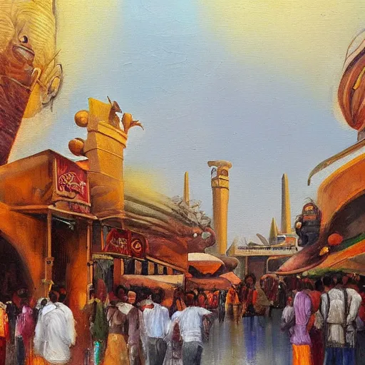 Image similar to a theme park in old egypt, oil painting