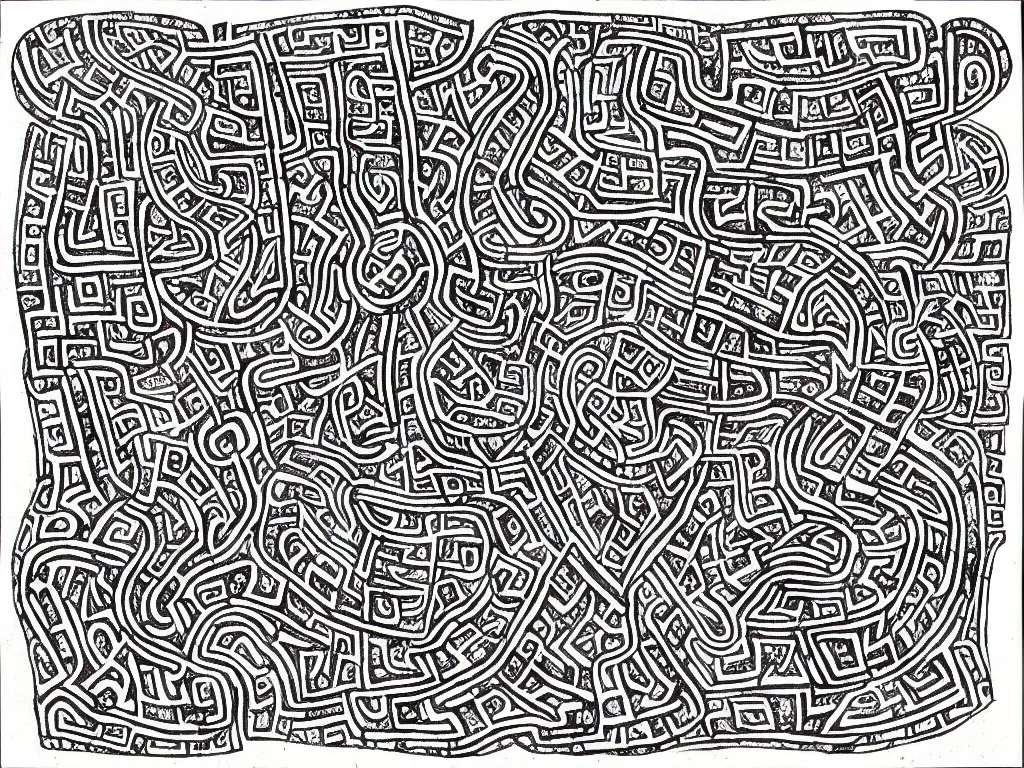 Image similar to Cave map full of old runic glyphs, Ink drawing, fine point pen, Deven Rue