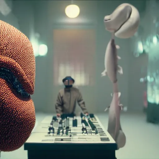 Image similar to cinematic film still of Pharrell Williams Making A Beat with an anthropomorphic alien, Japanese VFX, 2018, 400mm lens, f1.8, shallow depth of field,film photography