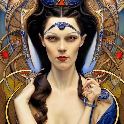 Prompt: an art nouveau, ( streamline moderne ), multi - ethnic portrait in the style of donato giancola and anna dittmann and charles dulac. very large, clear, expressive, and intelligent eyes. symmetrical, centered, ultrasharp focus, dramatic lighting, photorealistic digital matte painting, intricate ultra detailed background.