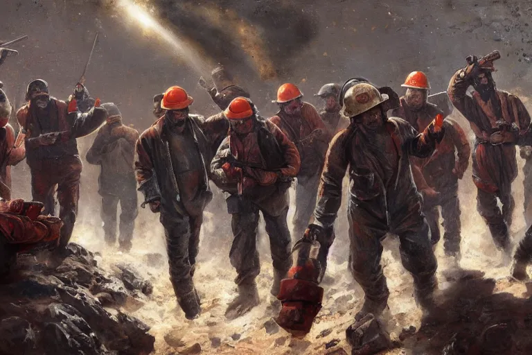 Prompt: intense dramatic still of a ragtag group of miners!!!! and factory workers with improvised weapons and pistols and red scarves around their necks, on the surface of an asteroid, outside of a high tech scifi industrial building, medium shot, oil painting by charles frederic ulrich, pablo olivera, normal rockwell, greg rutkowski, trending on artstation, incredible detail