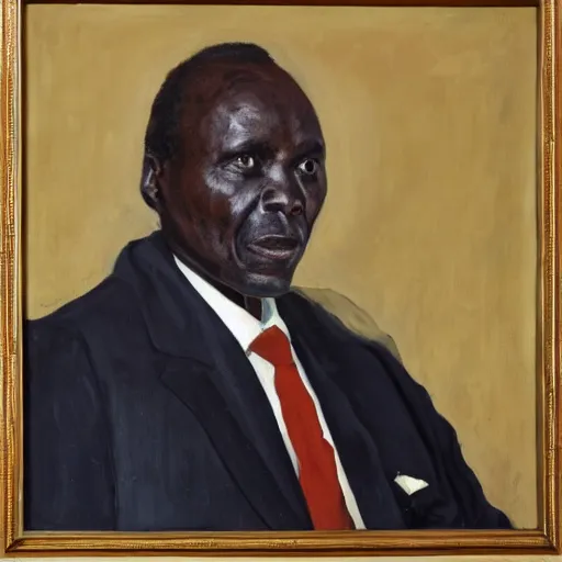 Image similar to a painting of a fatherly, aquiline nose, wide forehead, round face, XXL , loving, caring, generous, ever-present, humble, wise elder from Kenya with a friendly expression in a suit by Lynette Yiadom-Boakye . Fatherly/daddy, focused, loving, leader, relaxed,. ethereal lights, details, smooth, sharp focus, illustration, realistic, cinematic, artstation, award winning, rgb , unreal engine, octane render, cinematic light, macro, depth of field, blur, red light and clouds from the back, highly detailed epic cinematic concept art CG render made in Maya, Blender and Photoshop, octane render, excellent composition, dynamic dramatic cinematic lighting, aesthetic, very inspirational, arthouse.